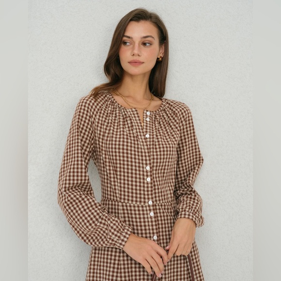 Brown Gingham Button A-Line Midi Dress - Picture 2 of 6